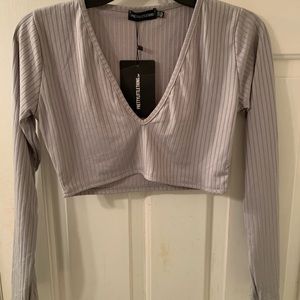 Gray ribbed crop top, deep V scoop neck, long sleeve, and never worn!